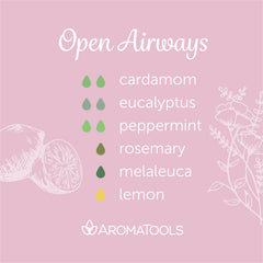 "Open Airways" Diffuser Blend. Features cardamom, eucalyptus, peppermint, rosemary, melaleuca, and lemon essential oils.