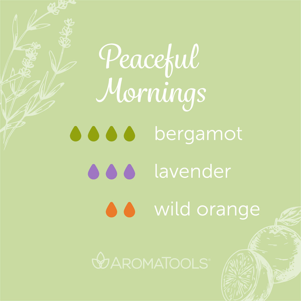 "Peaceful Mornings" Diffuser Blend. Features bergamot, lavender and orange essential oils.