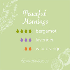 "Peaceful Mornings" Diffuser Blend. Features bergamot, lavender, and orange essential oils.