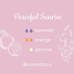 "Peaceful Sunrise" Diffuser Blend. Features lavender, orange, and jasmine essential oils.