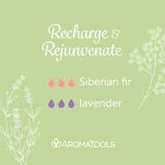 "Recharge & Rejuvenate" Diffuser Blend. Features Siberian fir and lavender essential oils.