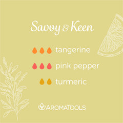 "Savvy & Keen" Diffuser Blend. Features tangerine, pink pepper, and turmeric essential oils.