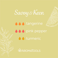 "Savvy & Keen" Diffuser Blend. Features tangerine, pink pepper and turmeric essential oils.