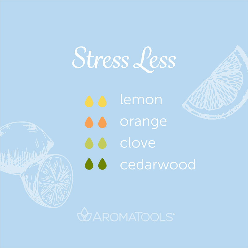 "Stress Less" Diffuser Blend. Features lemon, orange, clove, and cedarwood essential oils.