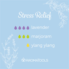 "Stress Relief" Diffuser Blend. Features lavender, marjoram, and ylang ylang essential oils.