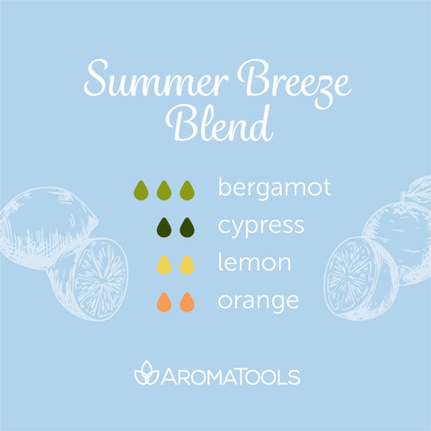 "Summer Breeze Blend" Diffuser Blend. Features bergamot, cypress, lemon and orange essential oils.