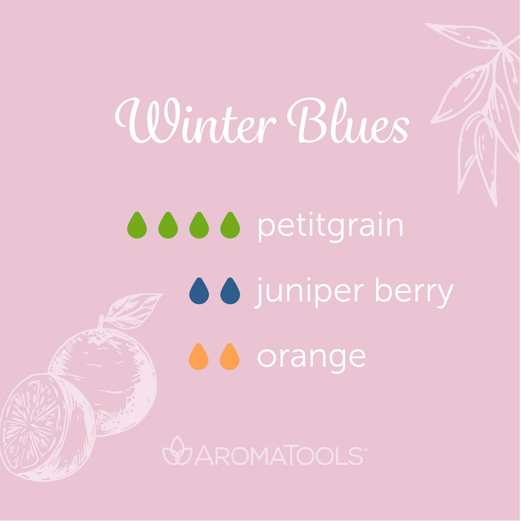 "Winter Blues" Diffuser Blend. Features petitgrain, juniper berry, and orange essential oils.