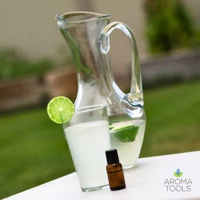 A large cup and glass pitcher filled with sparking limeade flavored with lime essential oil sitting on a small table outside.