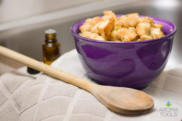 A serving of our holiday stuffing recipe in a bowl. Recipe features black pepper, rosemary and thyme essential oils.