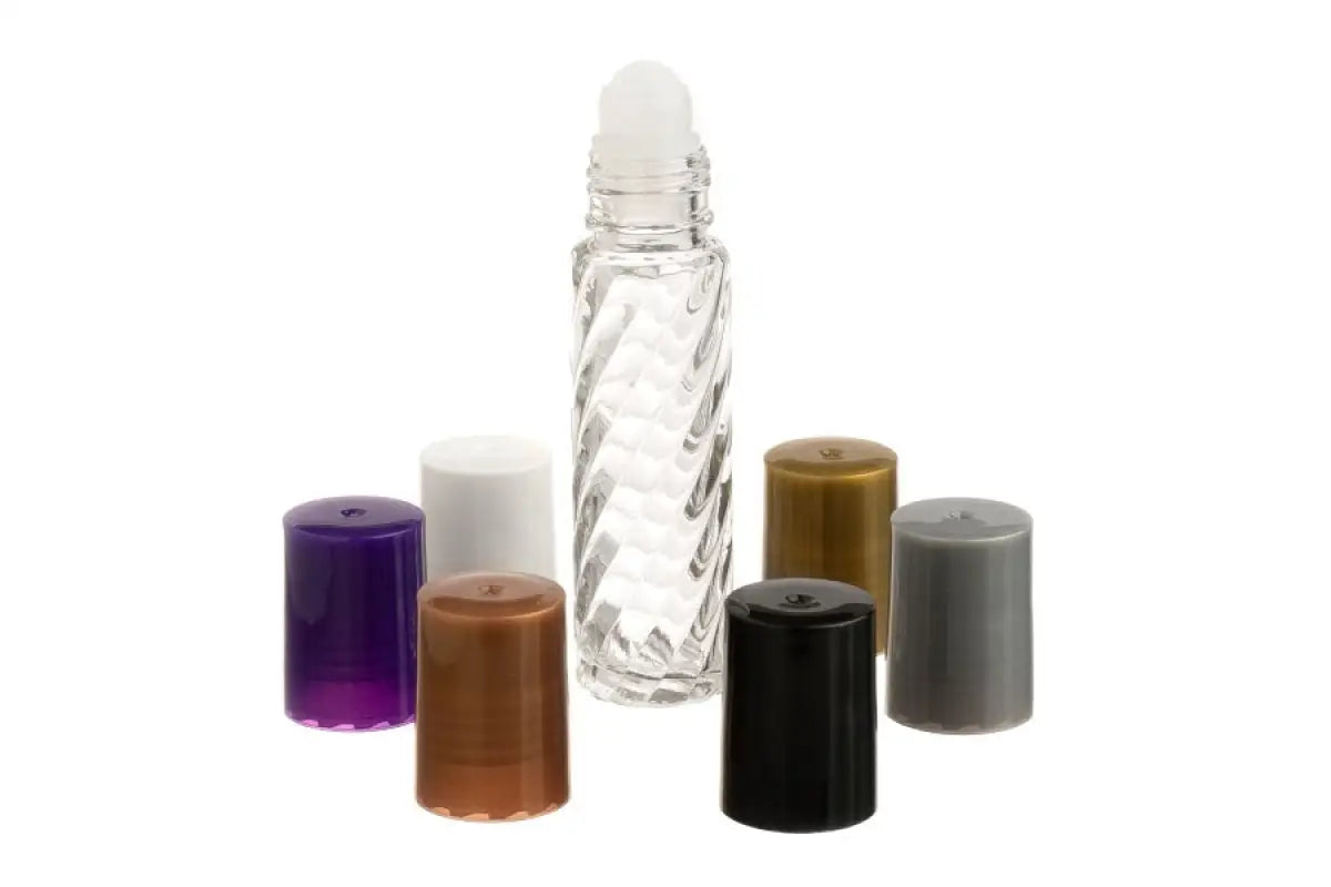 1/3 oz. (10 ml) Clear Glass Roll-on Bottle with Black Cap (Plastic Bal