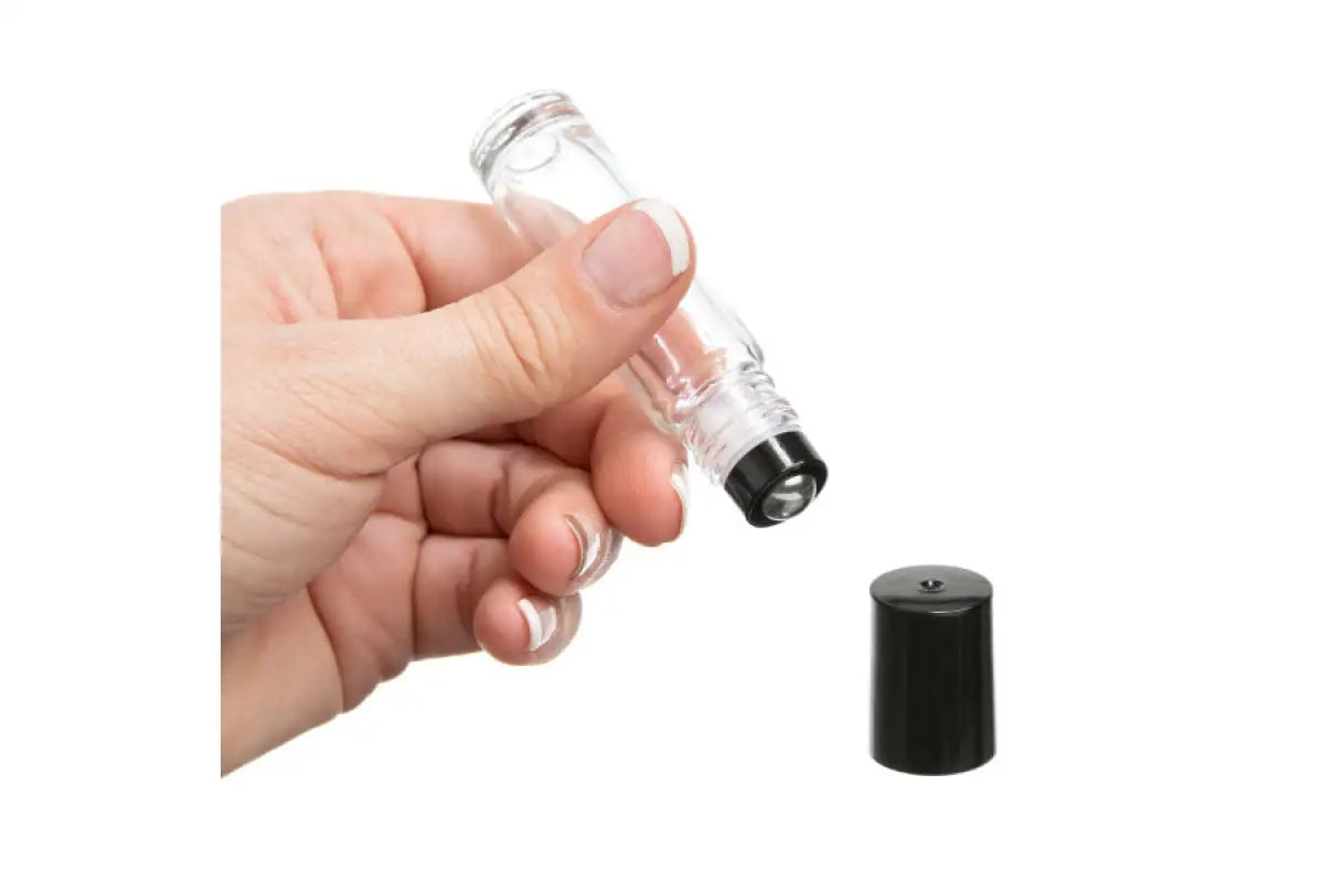 144 Premium Spiral Glass Roll-On 1/3 oz Cylinder Bottles (Black Caps)