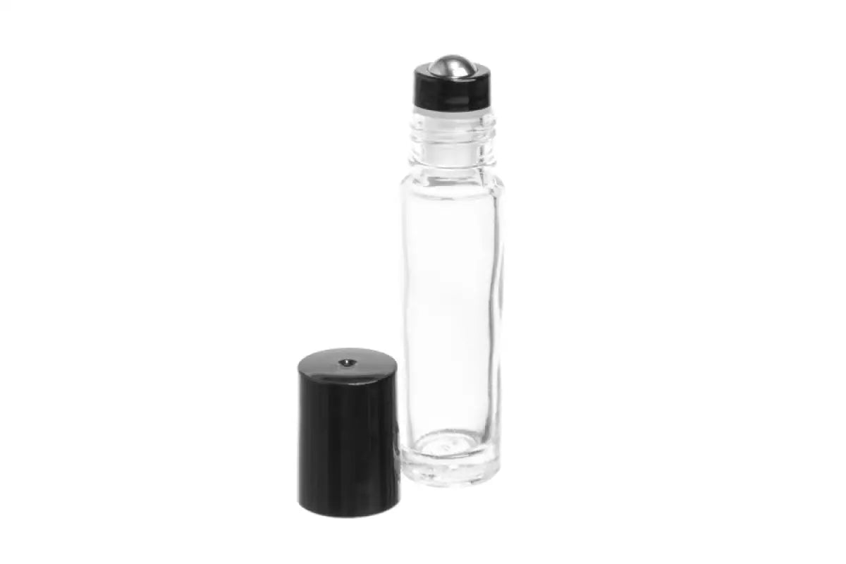 1/3 oz. (10 ml) Clear Glass Roll-on Bottle with Black Cap (Plastic Bal