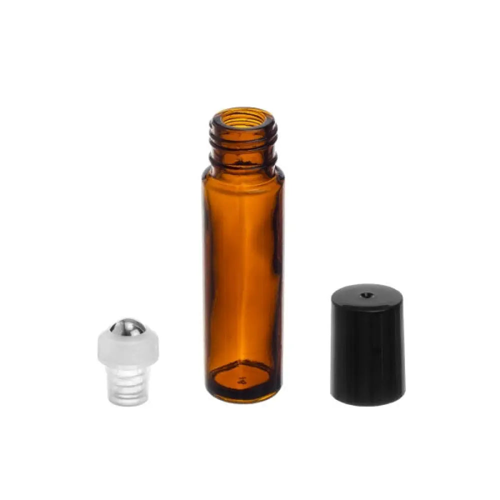 1/3 oz. Amber Glass Roll-on Vials with SpringLock™ Stainless Steel Roll-ons and Black Caps (Pack of 6)