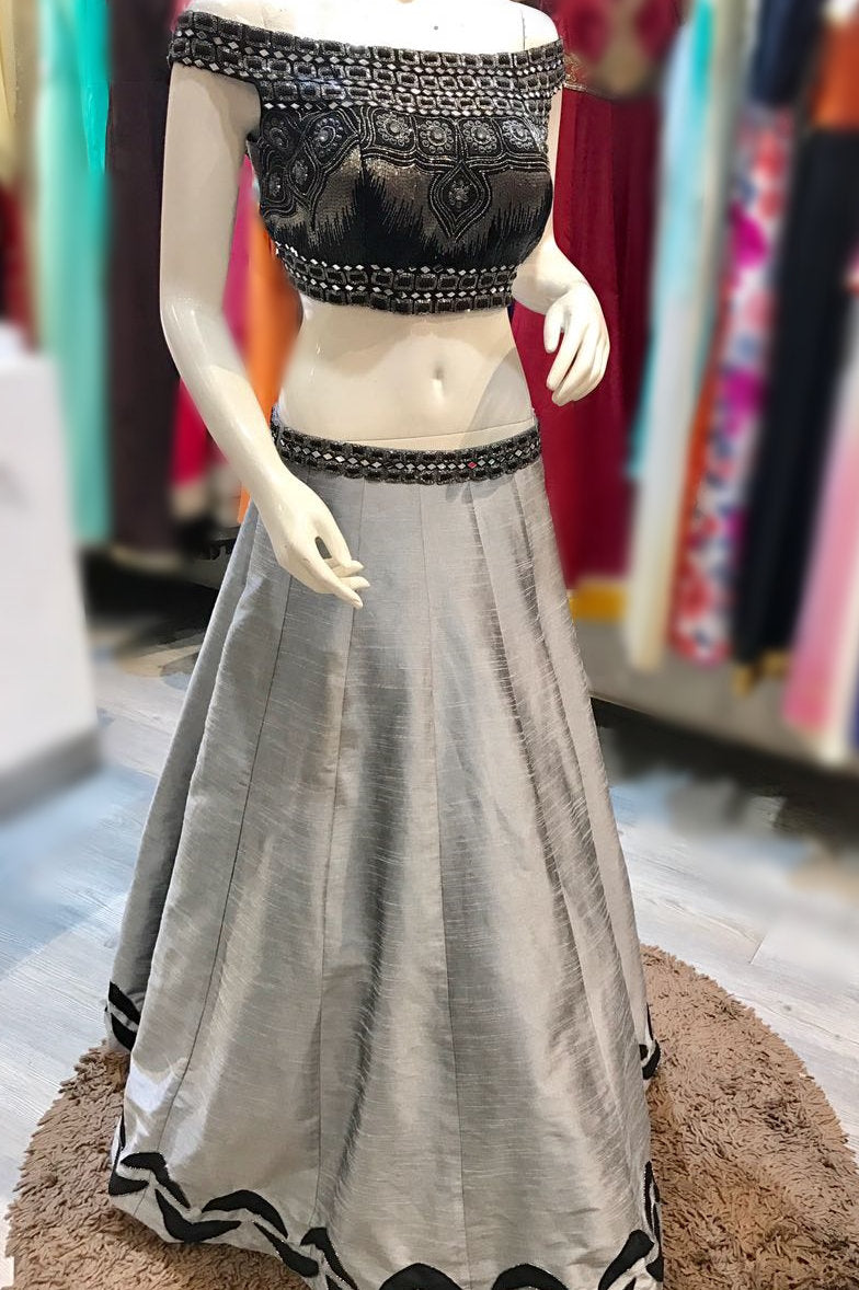 Designer Black and Grey Off shoulder Crop top Skirt: Perfect Panache