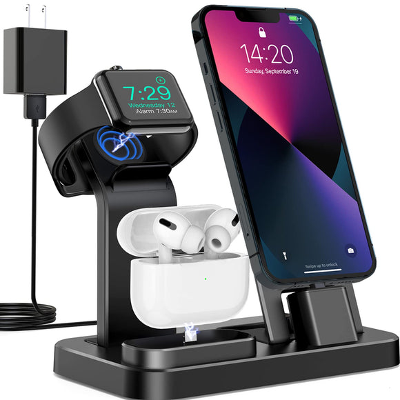 3 in 1 Charging Station for Apple Products, Removable Charging Stand for iPhone Series AirPods Pro/3/2/1, Charging Dock for Apple Watch SE/7/6/5/4/3/2/1(with 10W Adapter and Cable)(Black) Black