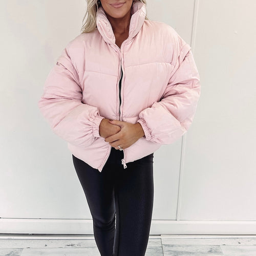 Pink Vanilla Black Hooded Crop Puffer Jacket