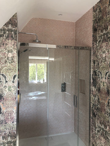 Striking wallpaper and tiles in this bathroom Fleur ward 