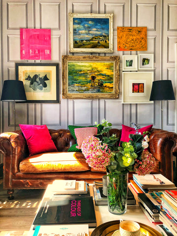 fleur ward interior design living room pink gallery wall