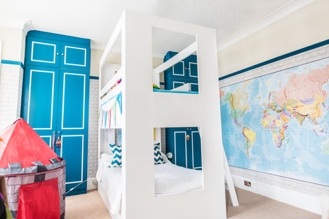 Boys room design and decor. double bunk bed wall mural and bright wardrobes