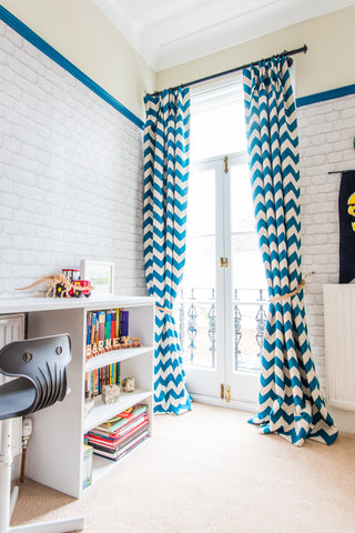 Boys room design and decor. double bunk bed wall mural and bright wardrobes. chevron curtains and joinery 