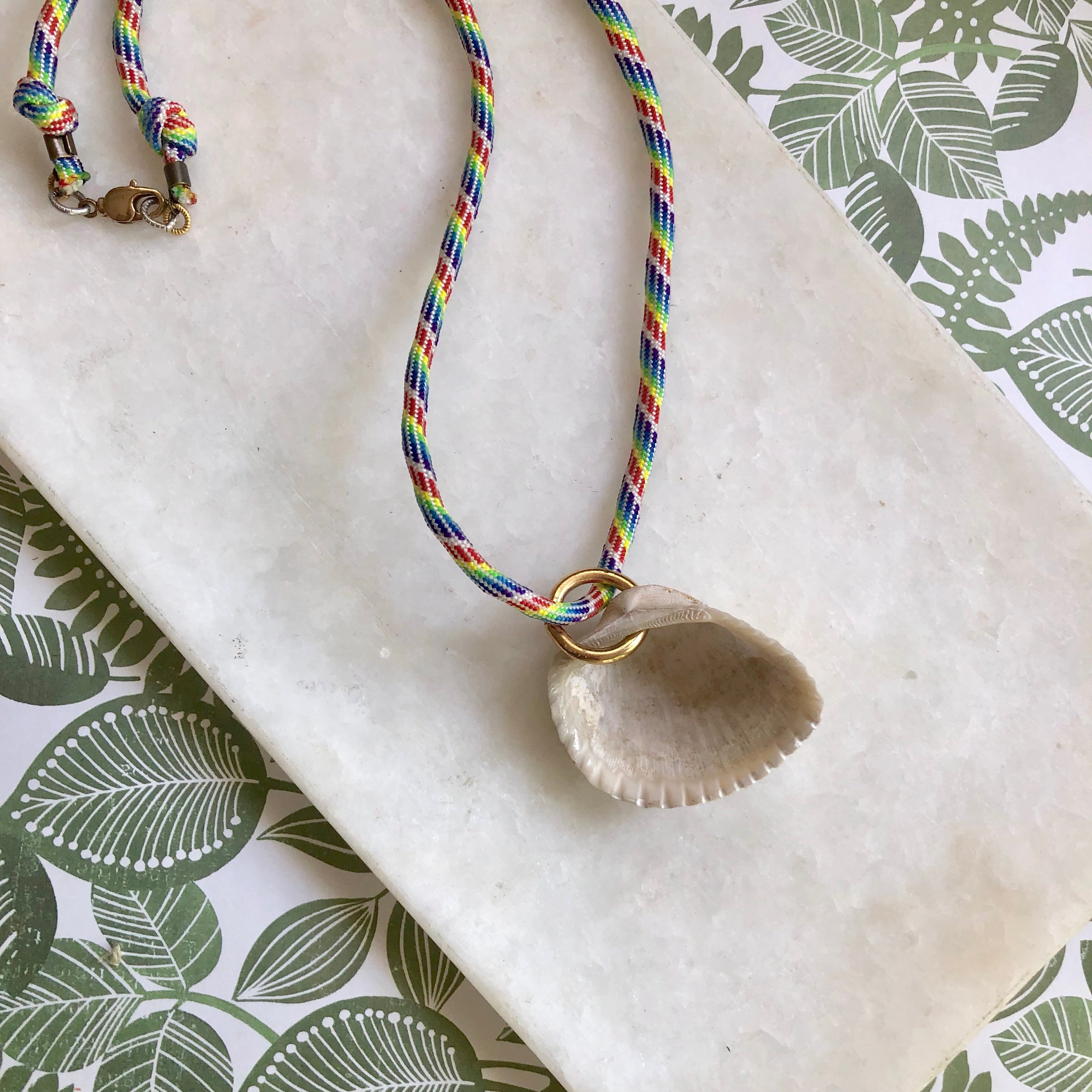 Gold Shell Necklace I Rainbow Cord