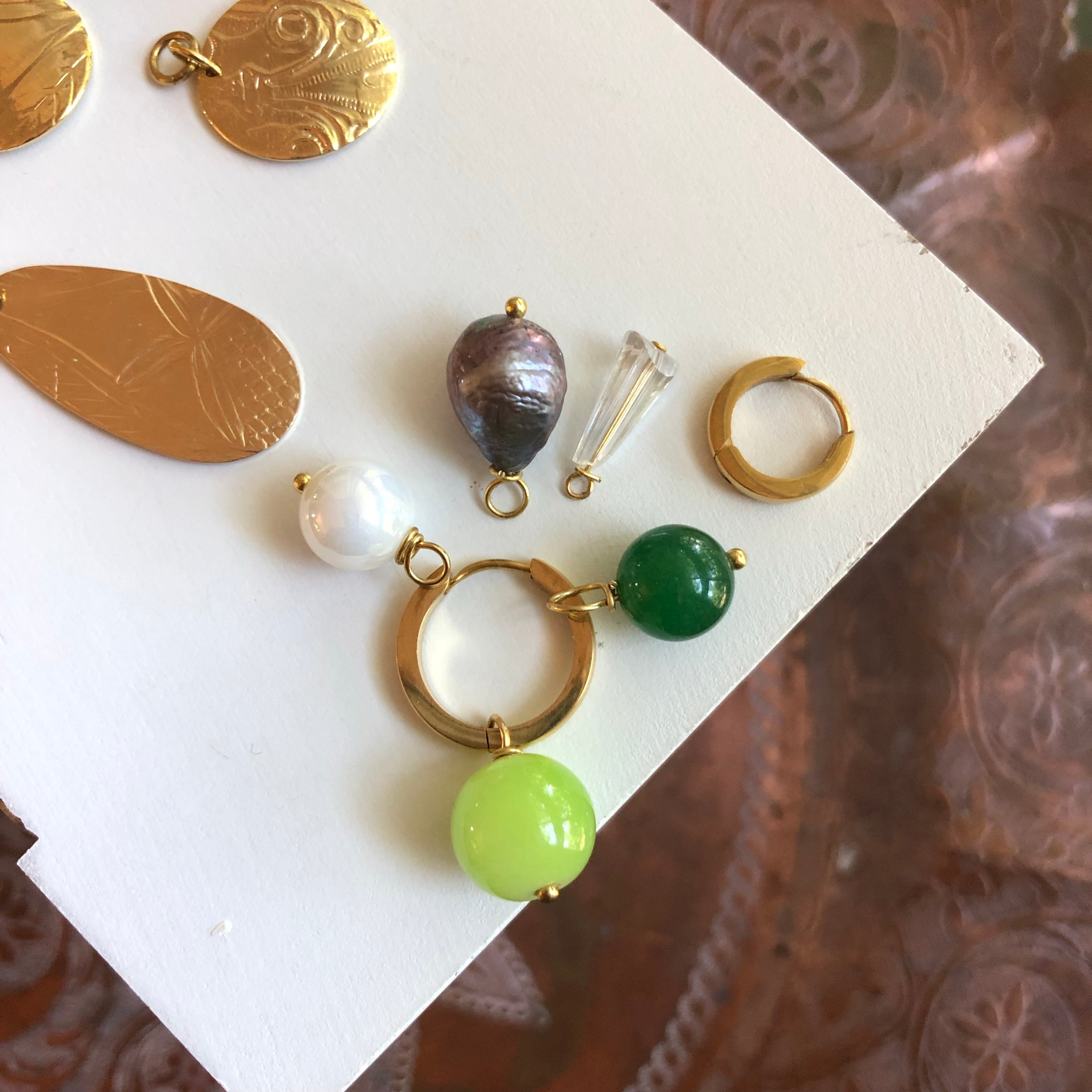Gold Huggie Earrings I Vintage Green Glass Charm