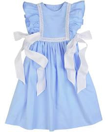 
            
                Load image into Gallery viewer, Blue Pinafore Dress- White Bows at Sides- Eyelet Trim
            
        