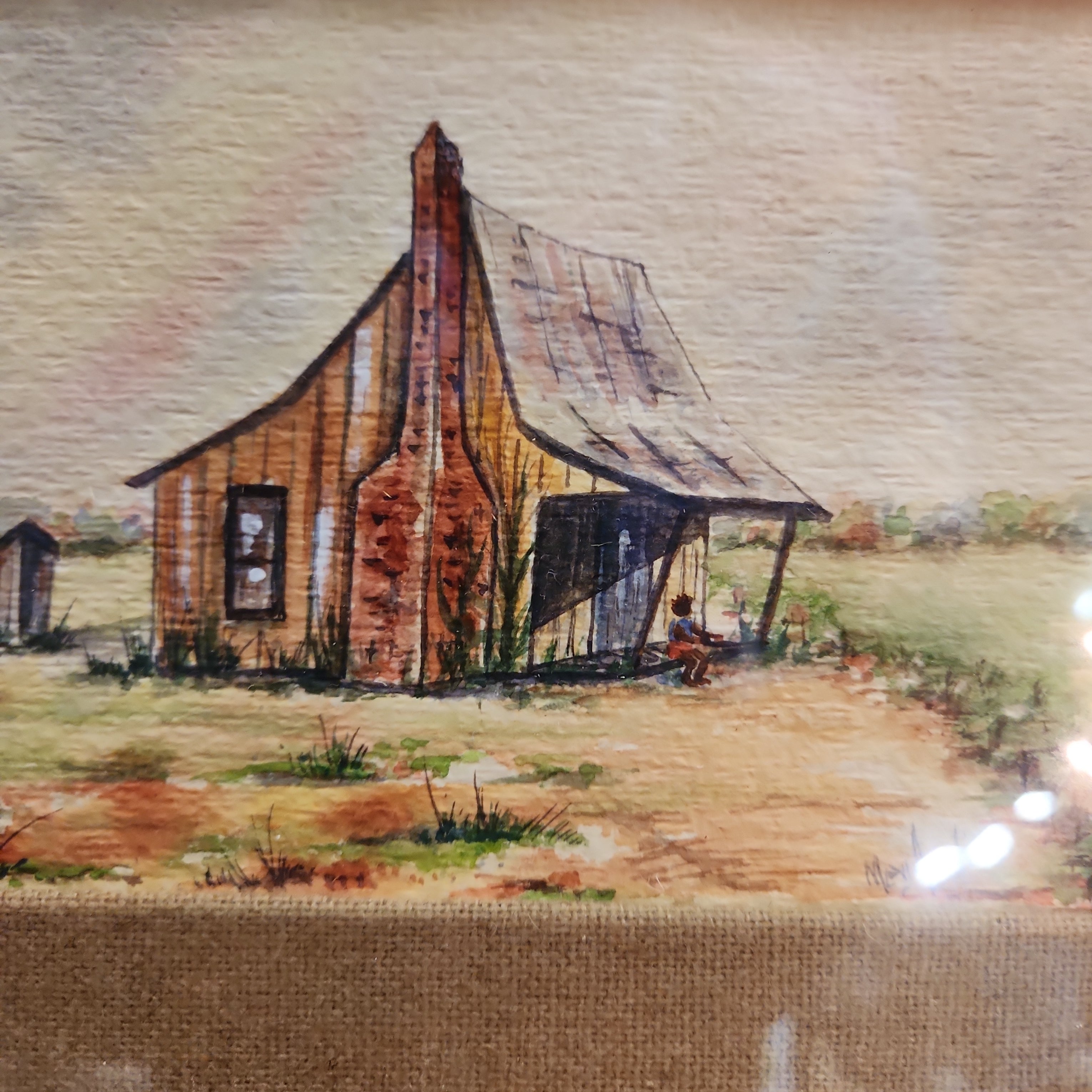 SMALL RURAL HOUSE AND LITTLE BLACK GIRL PORTRAYED IN WATERCOLOR PAINTING
