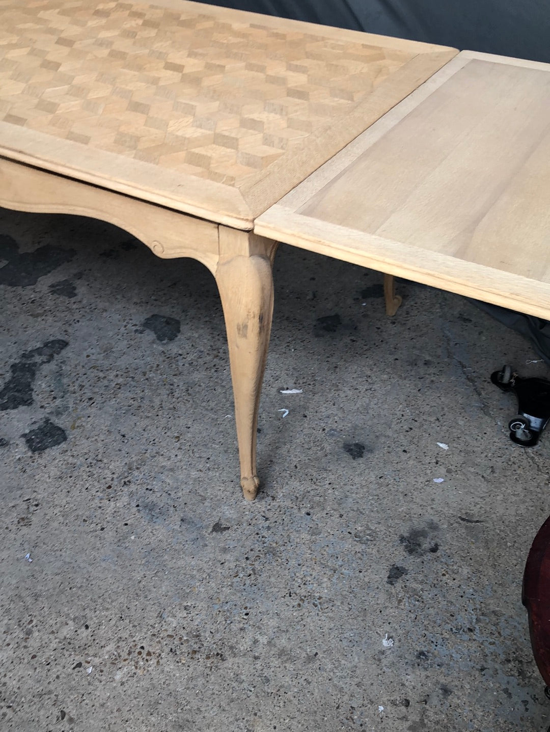Sold: Raw Oak Draw Leaf Table with Parquet Top