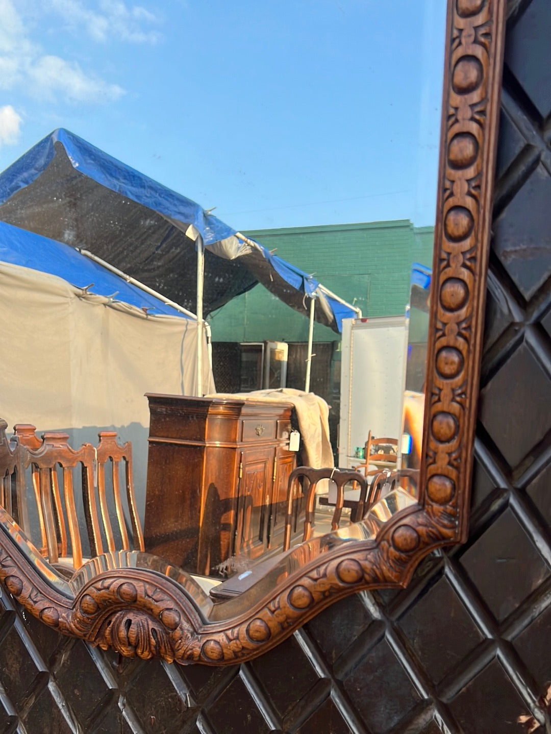 Small Vertical Carved Beveled Mirror