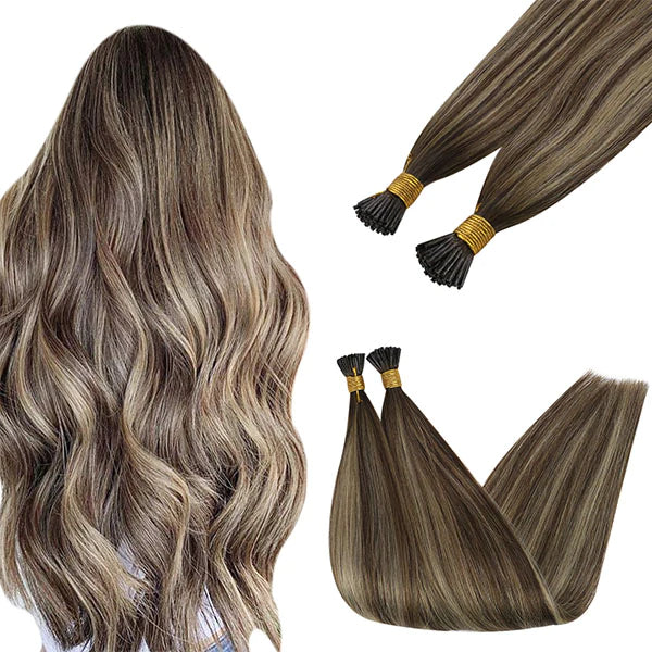 Virgin I Tip Hair Extensions Balayage Dark Brown Highlight Blonde Color #4/27/4