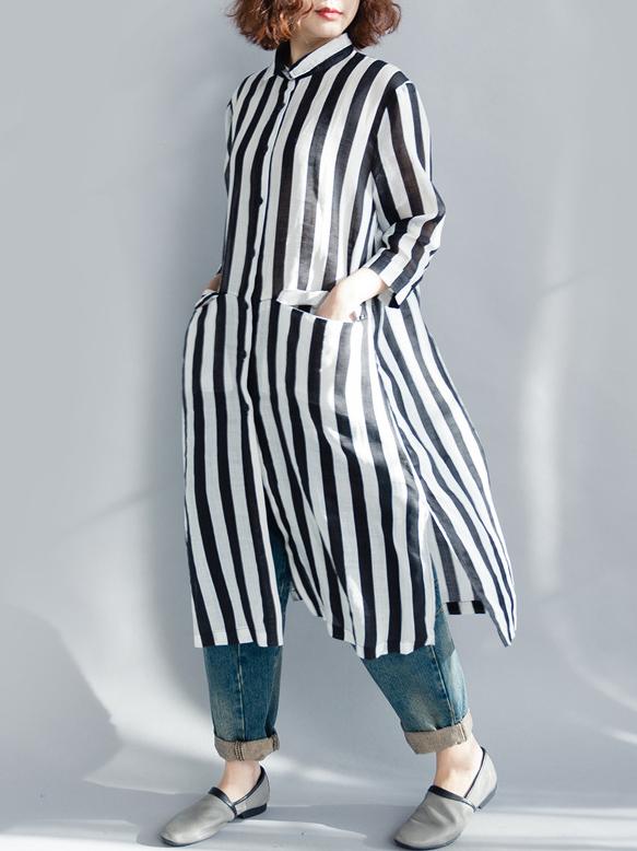 Long Sleeve Casual Dress in Black and White Stripes - Zebrant