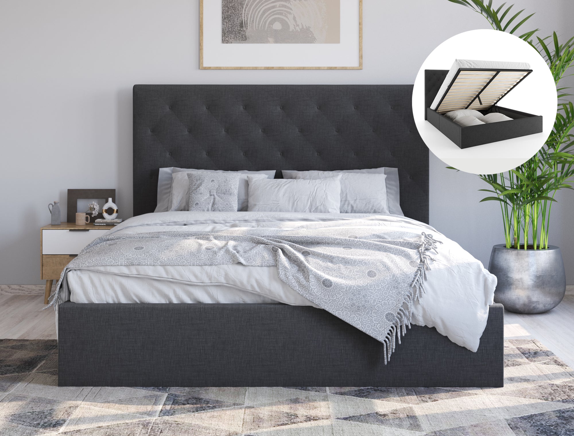 Birmingham Fabric Gas Lift Bed Frame - Charcoal | 360HomeWare