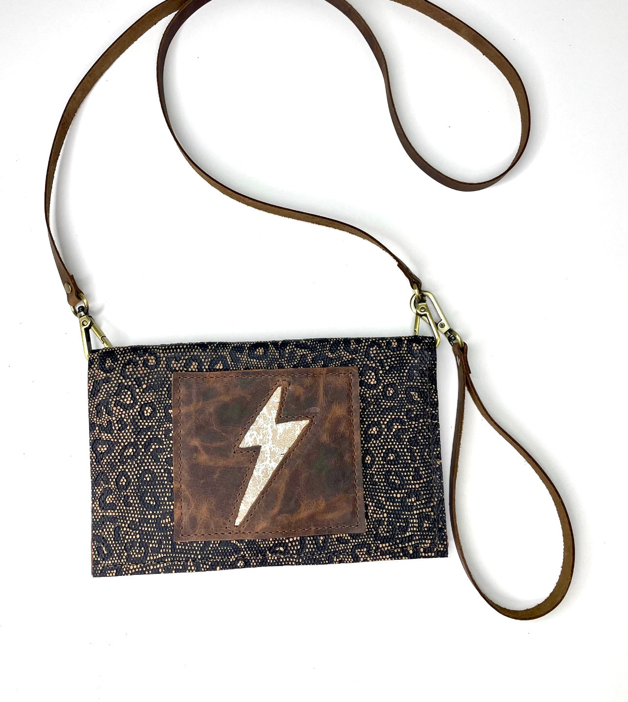 Small Crossbody black snakeskin with brown patch and acid gold lightening bolt - Patches Of Upcycling