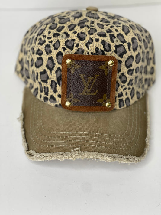 LV Upcycled Camo Criss Cross Ponytail Trucker Hat Leopard Print