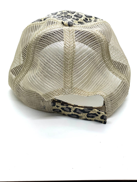 LV Upcycled Camo Criss Cross Ponytail Trucker Hat Leopard Print