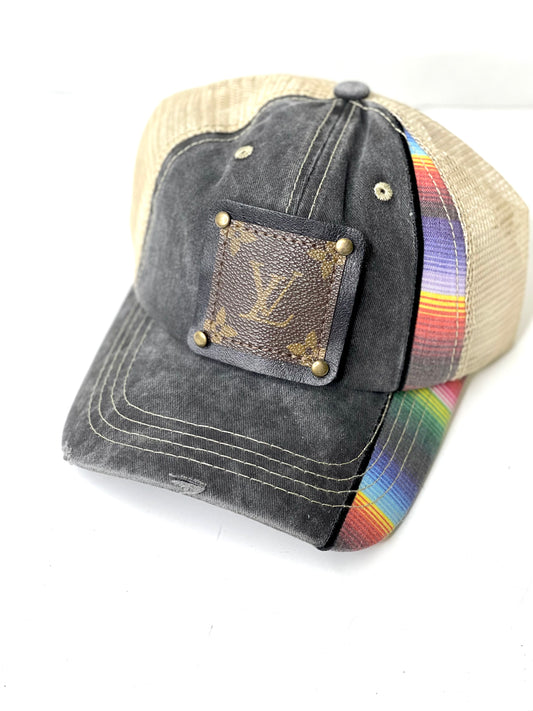 Distressed Black Serape Bill Hat with LV Patch