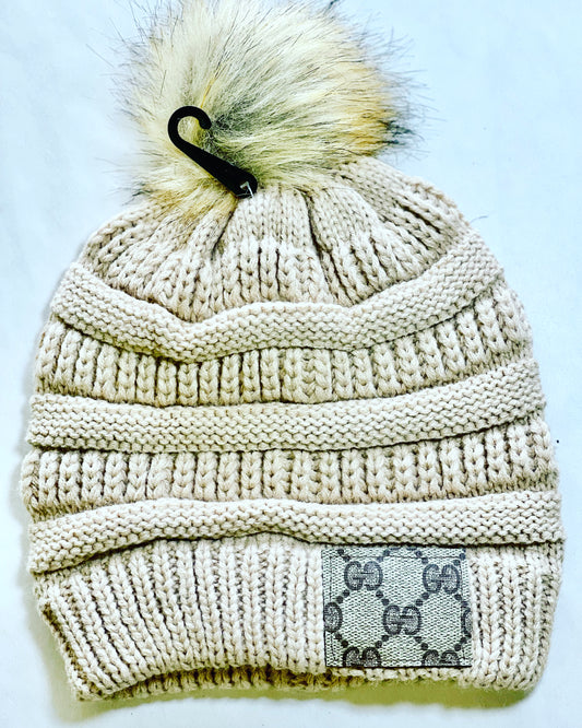 Beanie with LV patch and antique hardware in cream – Patches Of Upcycling