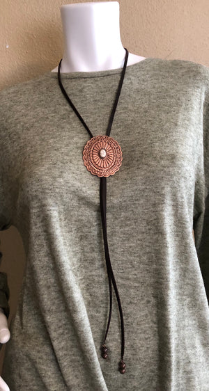 Leather Bolo Necklace with Copper Concho with White Buffalo Center