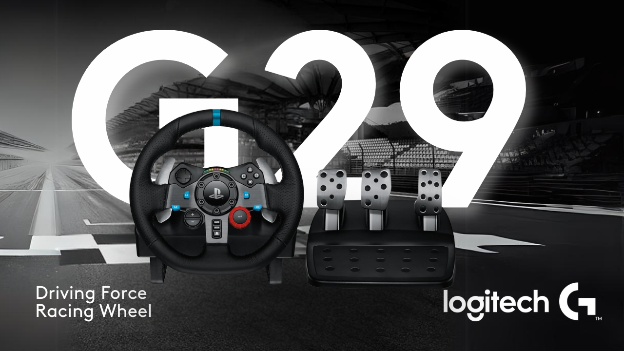 logitech g29 steering wheel and pedal banner on a racing track