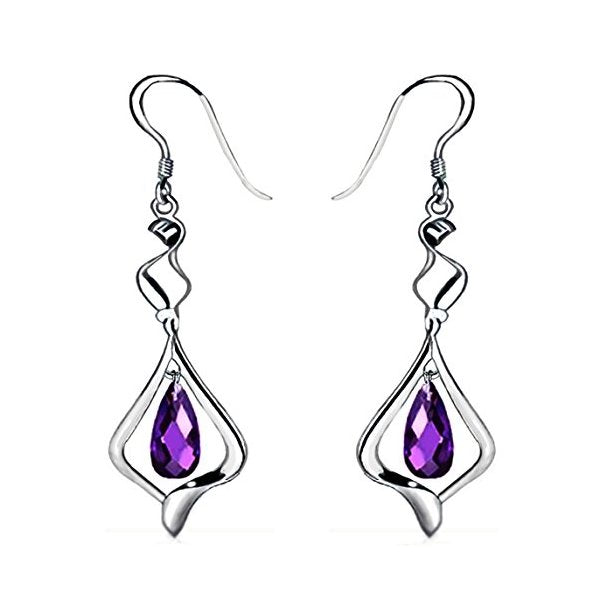 Mother Day Gift 18k Gold Plated Purple Crystal Fashion 925 Sterling Silver Dangle Earrings for Women