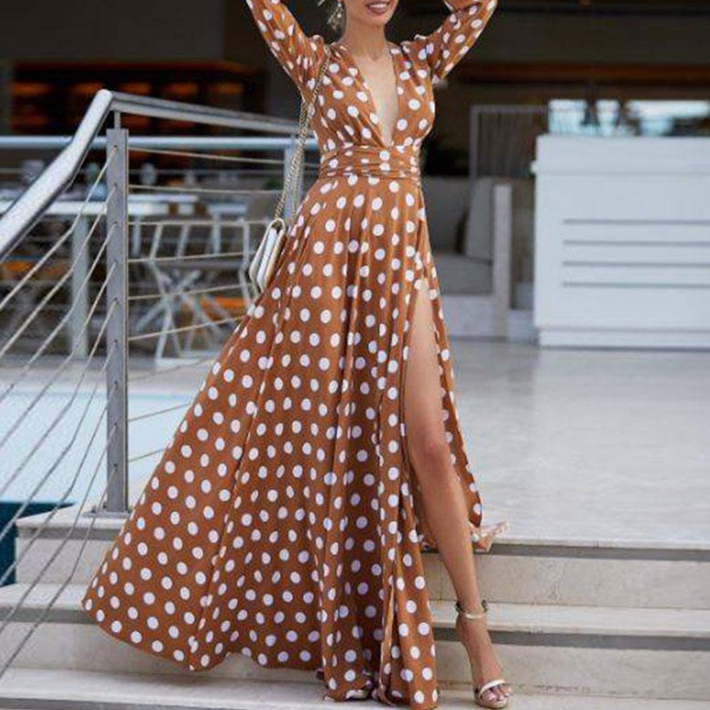 Bohemian Polka Dots Split Maxi Dress