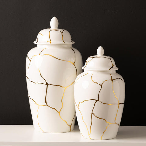 white and gold large ginger jar