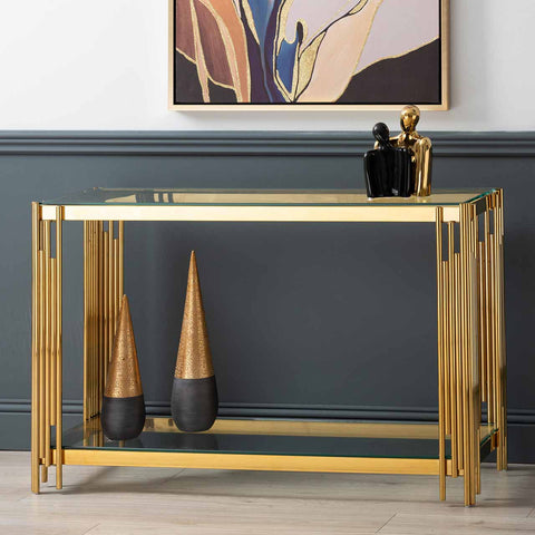 Gold Metal and Glass Hallway Console Table