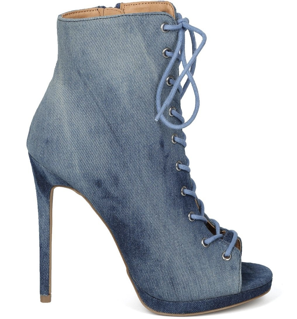 denim peep toe booties