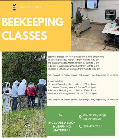 Swan's Honey beginner and advanced beekeeping class schedule for the 2024 season.