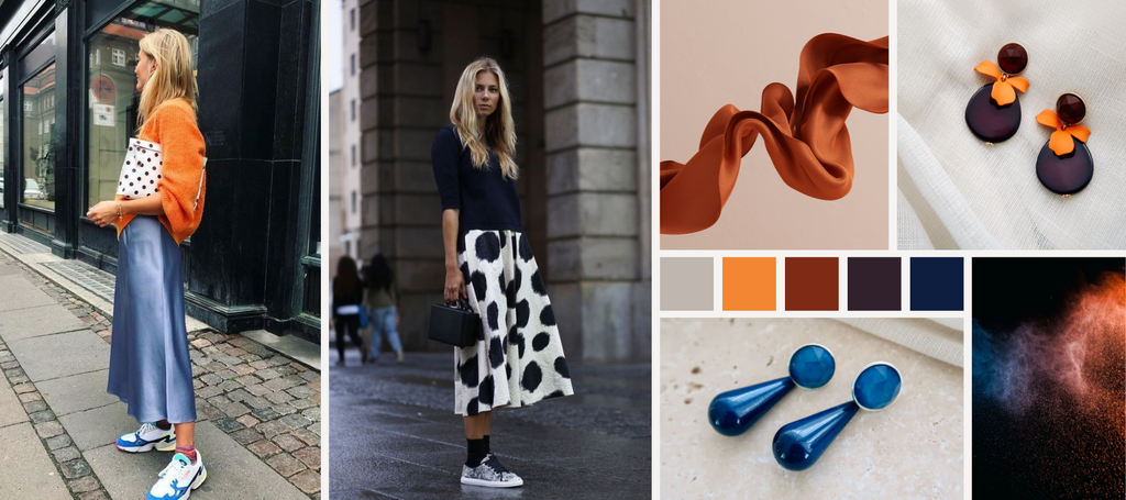 Summery cheerful navy and orange combination with earrings