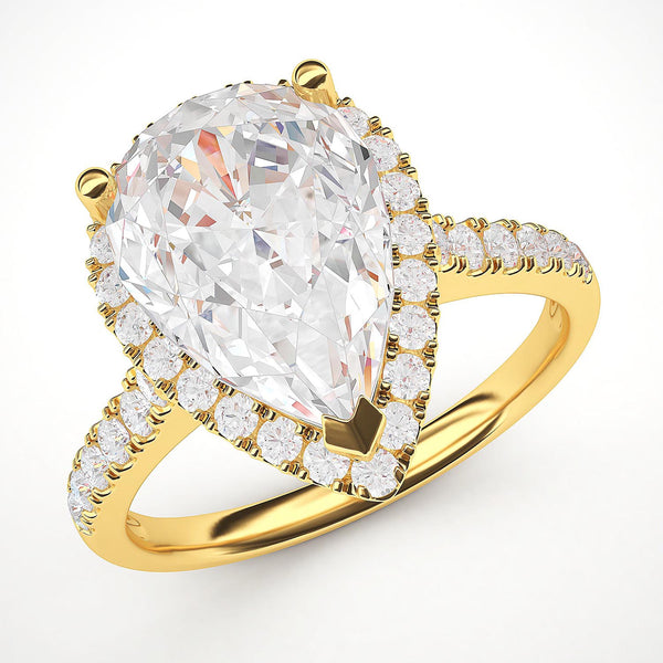 10k Yellow Gold Simulated Pear-Shaped Diamond Halo Engagement Ring wit ...
