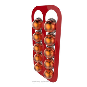 Red, magnetic Nespresso Vertuo line coffee pod capsule holder with pre-installed neodymium magnets. Holds 10 pods in 2 rows.