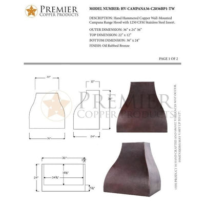 36" 1250 CFM Copper Campana Range Hood with Screen Filters